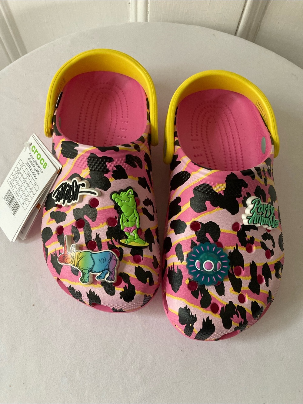 CROCS ron english Pink Leopard Print Clogs with Yellow Strap and Jibbitz
